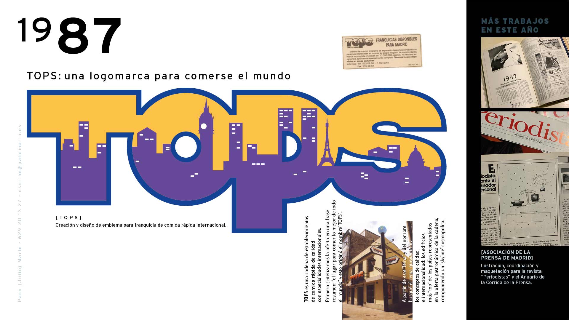 Porfolio de Paco Marín. 1987. Identidad corporativa para la franquicia de fast-food internacional TOPS y labores editoriales para la revista Periodistas de la Asociación de la Prensa.