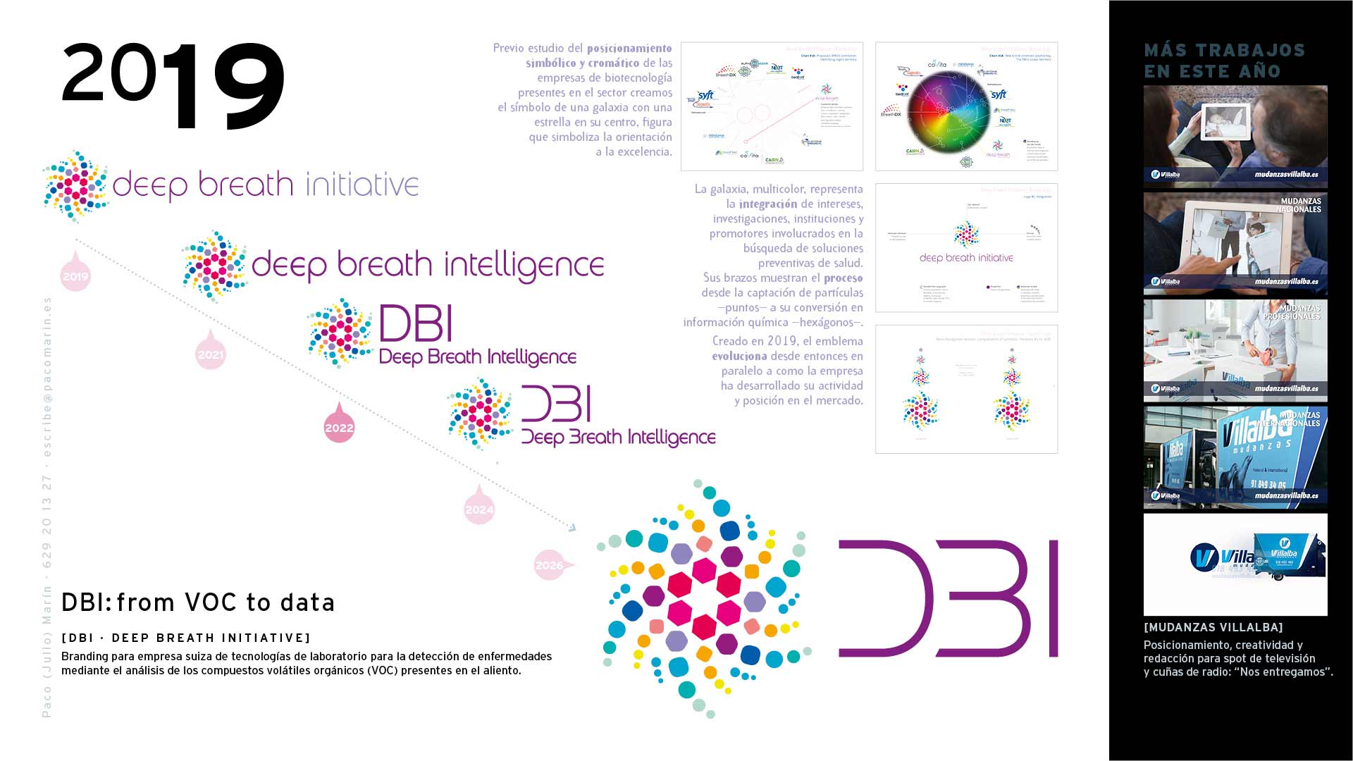 Porfolio de Paco Marín. 2019. Creación y realización del emblema corporativo del proyecto de investigación biotecnológica DBI (Deep Breath Initiative), hoy Deep Breath Intelligence. Creatividad publicitaria para la campaña de TV de Mudanzas Villalba.