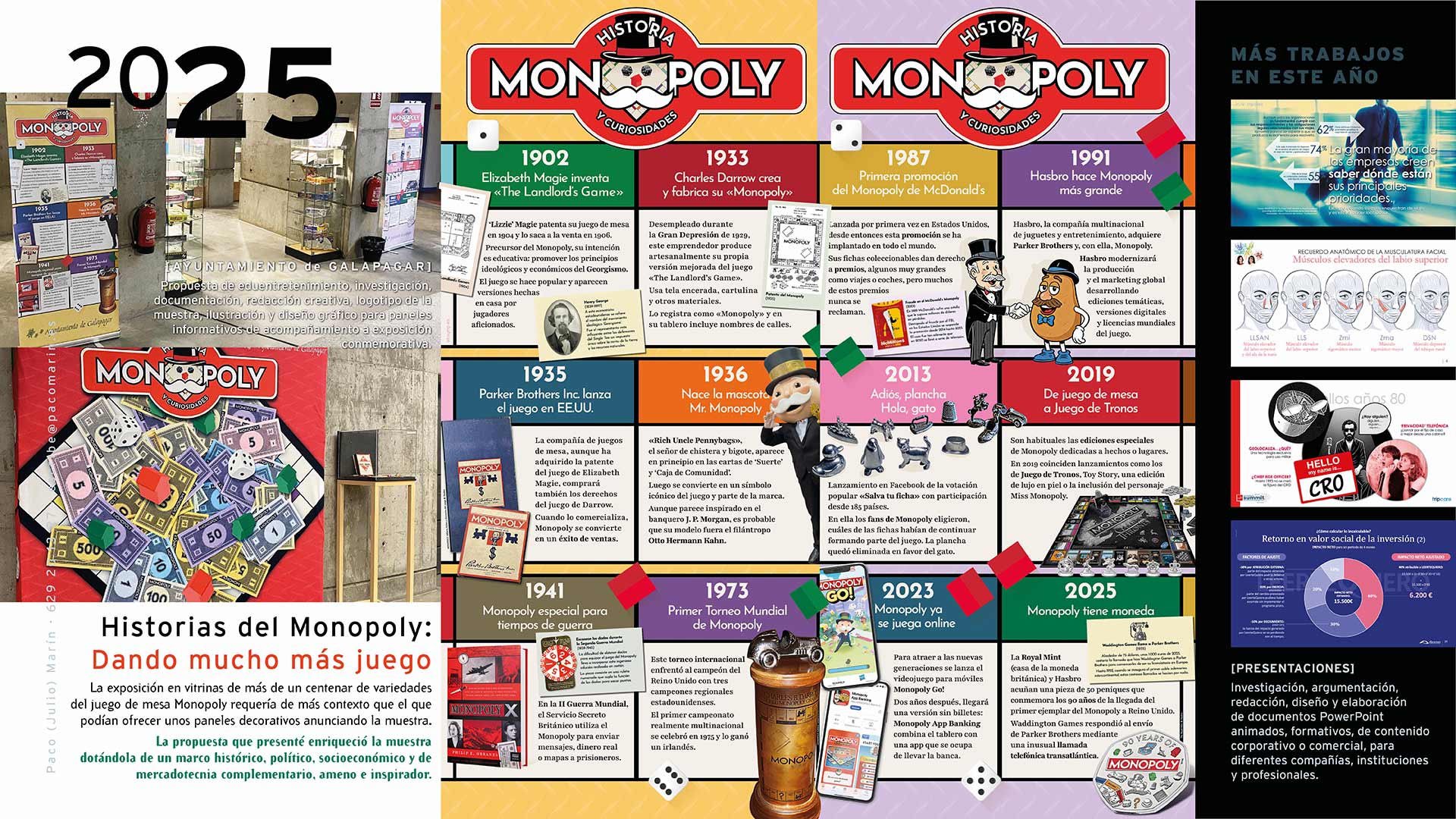 Porfolio de Paco Marín. 2025. Creación, redacción, diseño y realización de los paneles de infoentretenimiento para la exposición conmemorativa de los noventa años del juego Monopoly.